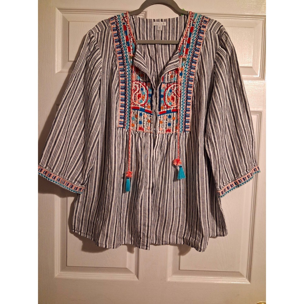 J. Jill 100% Linen Plus 2X Striped Embroidered Tunic Peasant Blouse Boho Coastal